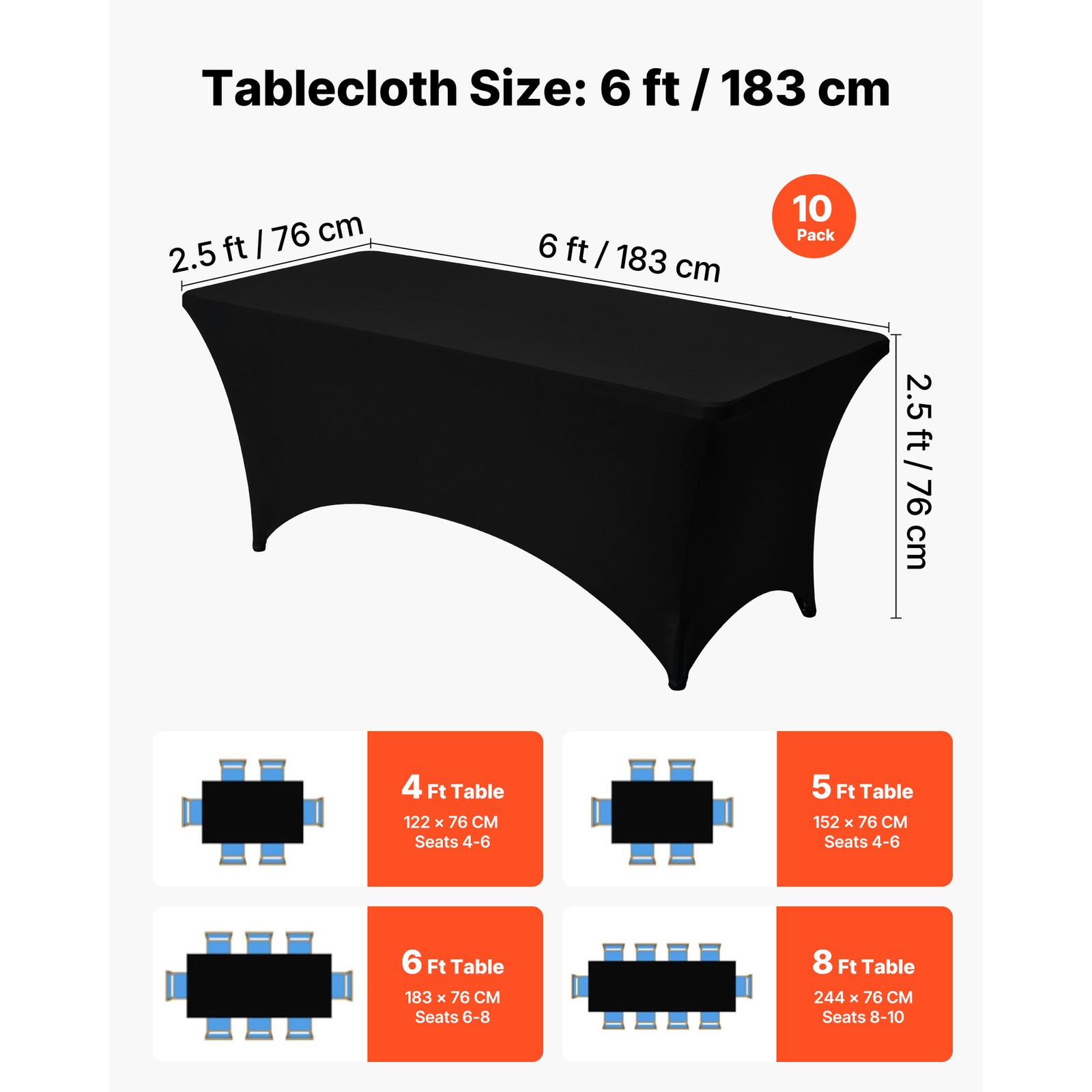 Uimoso 10 Pack Stretch Spandex Table Covers for 6FT Tables - Black