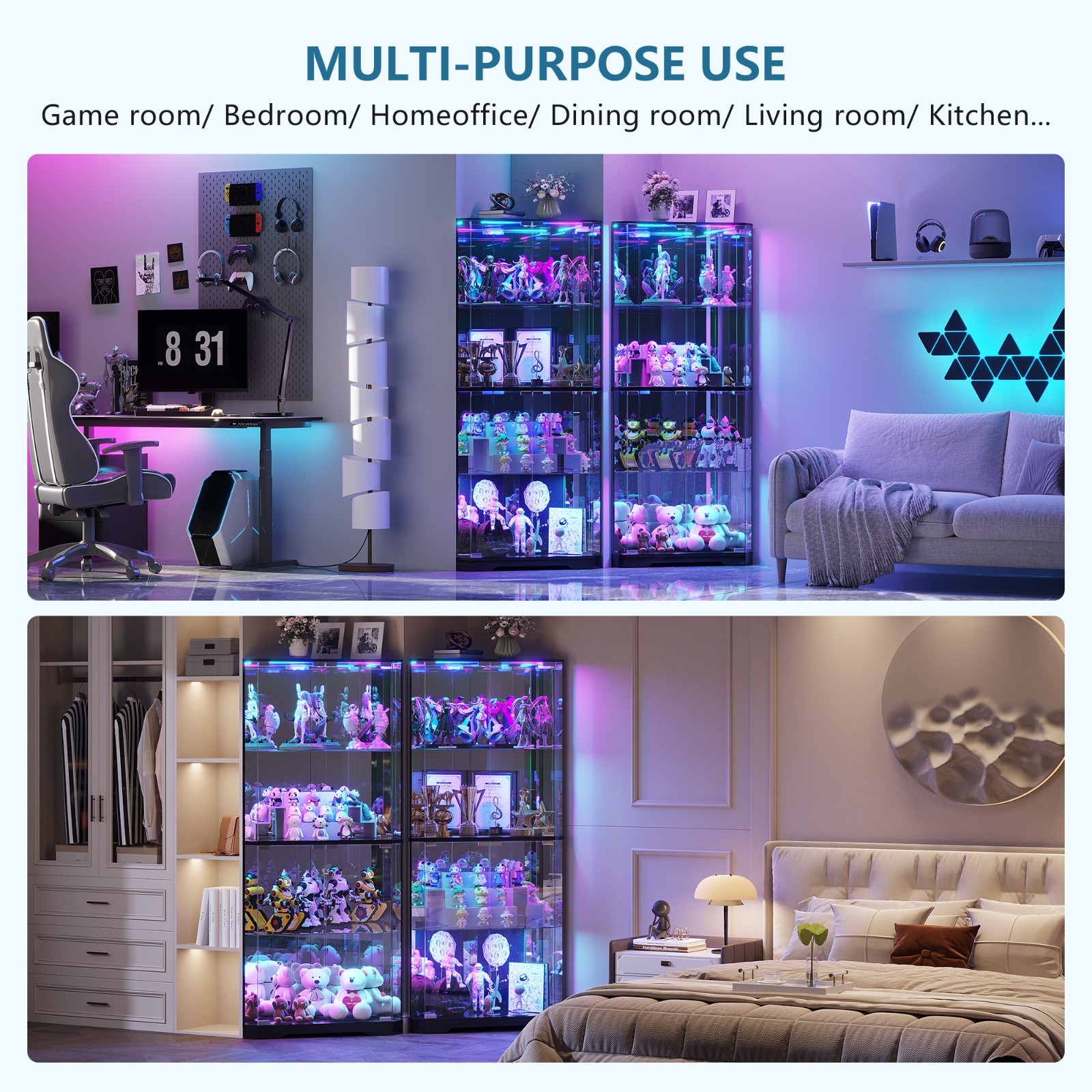 Gurexl Corner Curio Cabinet with RGB Lights , 65" Display Cases for Collectibles