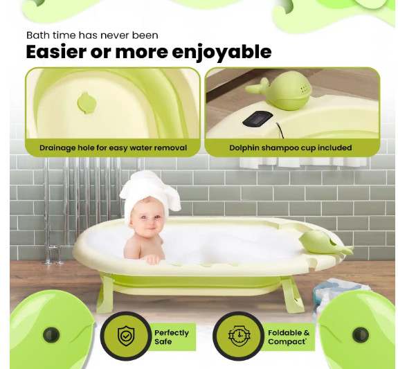 Collapsible Baby Bathtub with Thermometer - Infant Bathtub with Drainage Hole