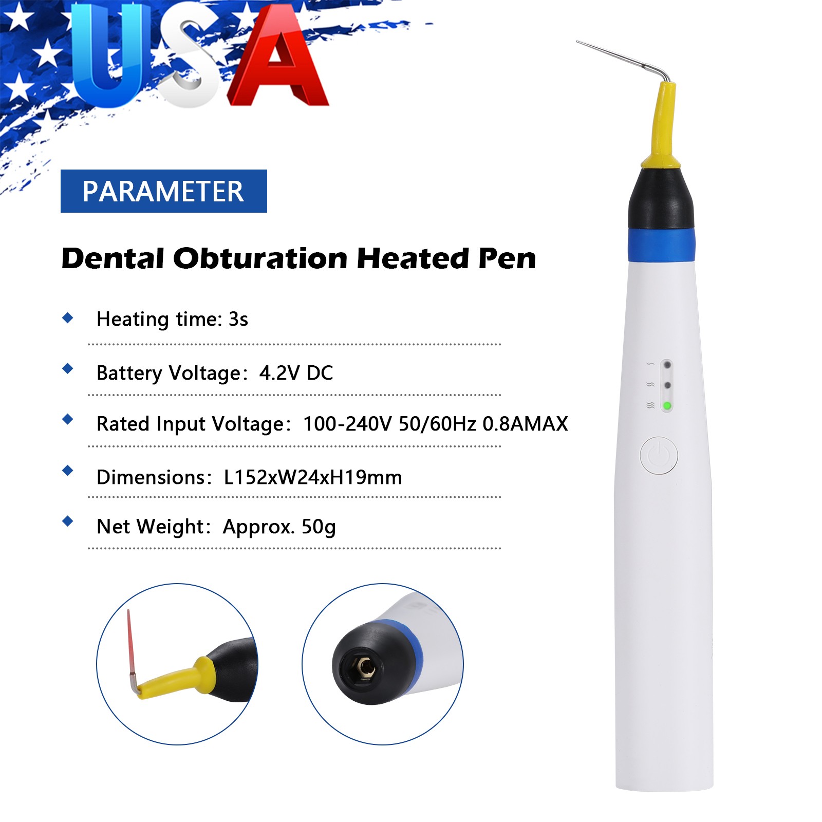 USA Dental Gutta Percha Obturation System Endo Heated Pen Cordless with 2Pc Tips