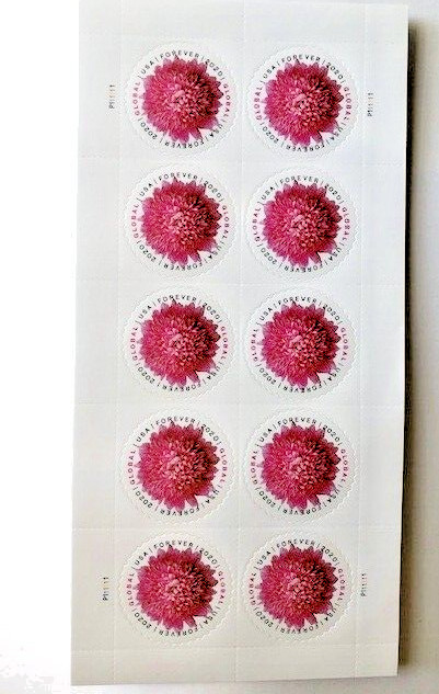 Global Forever Stamps Chrysanthemum - Peel & Stick - 1 Sheet of 10 stamps  NEW