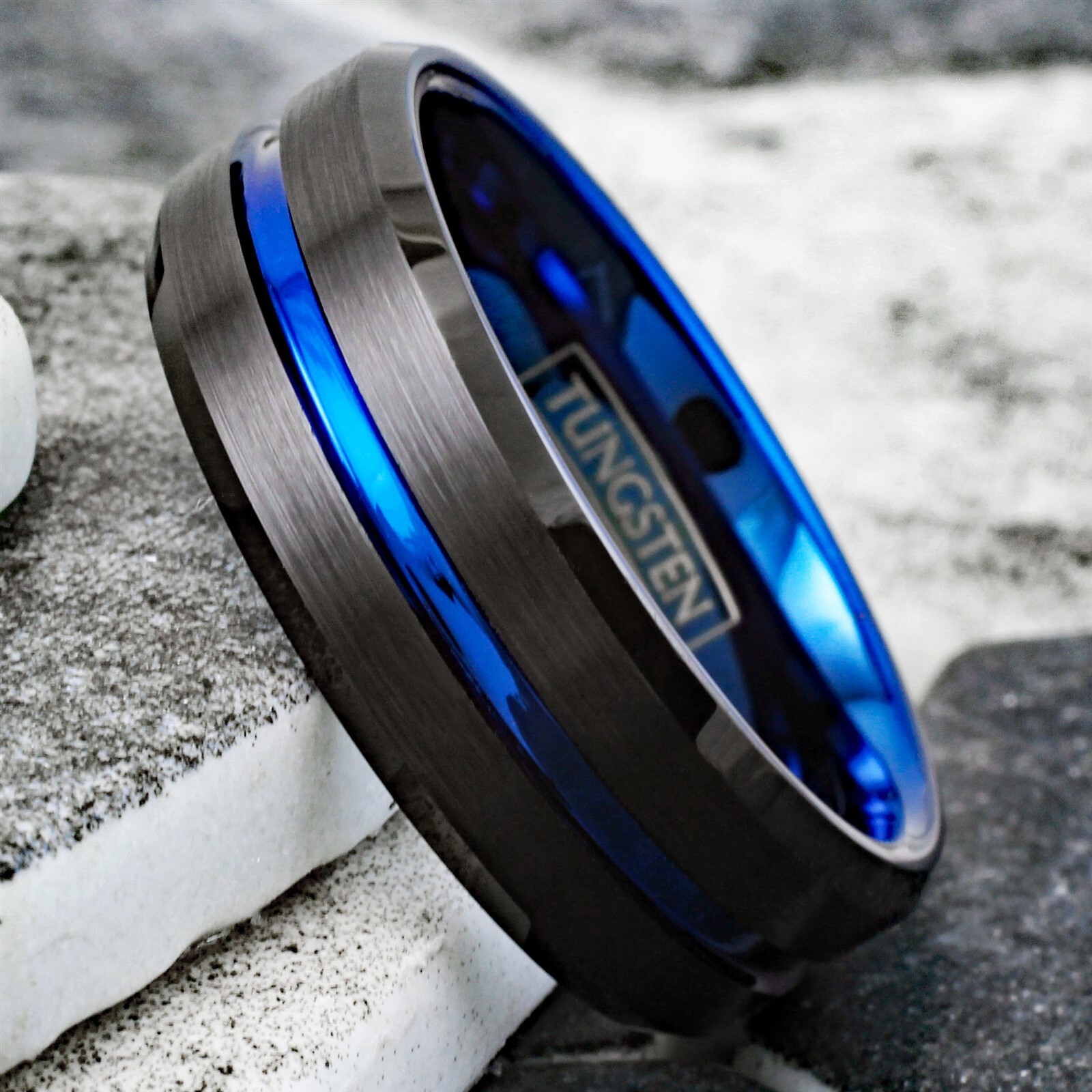 6/8mm Tungsten Carbide Men's Ring Thin Blue Line Black Brushed Wedding Band
