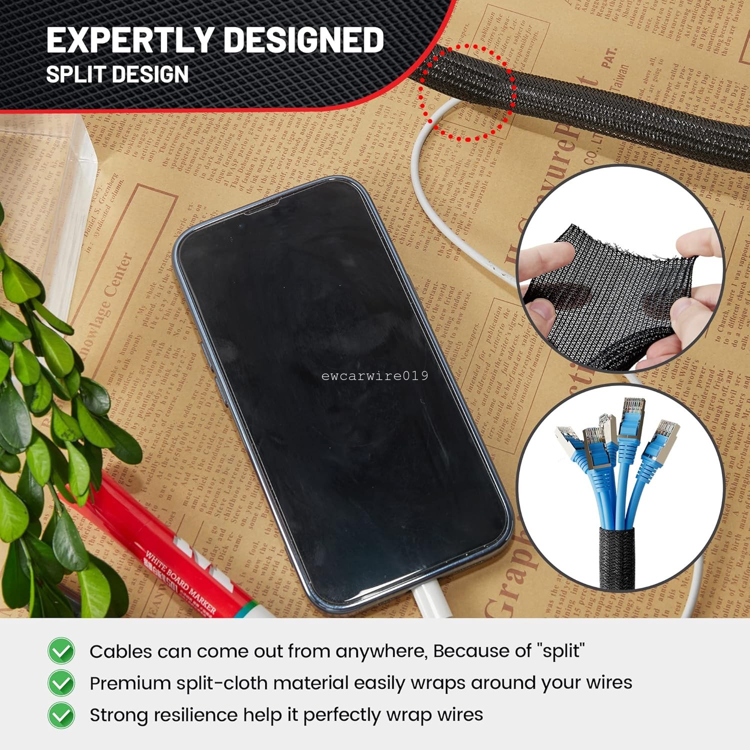 10FT Split Braided Cable Sleeve Self Wrap Wire Loom Cord Management Protector