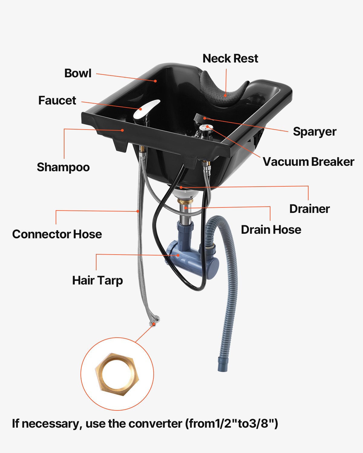 VEVOR Shampoo Bowl Black Square Plastic Shampoo Sink for Hair Wash Beauty Salon