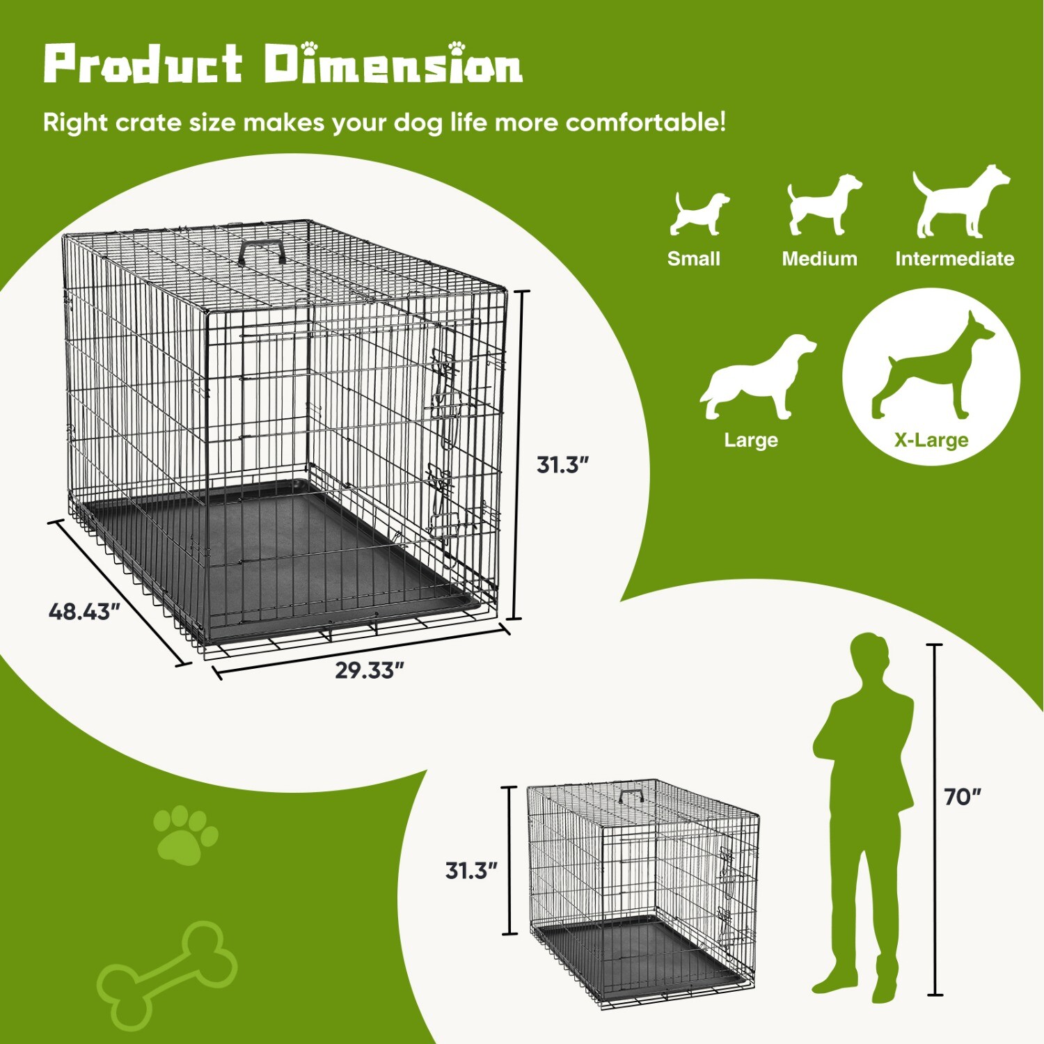 Foldable Metal Wire Dog Crate, Double Door,with Divider Panel & Plastic Pan Tray