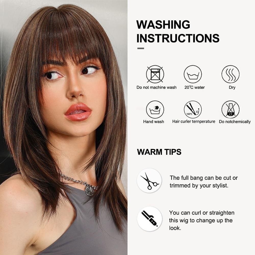 Straight Mixed Brown Heat Resistant Hair Women Cosplay Wigs With Bangs Soft