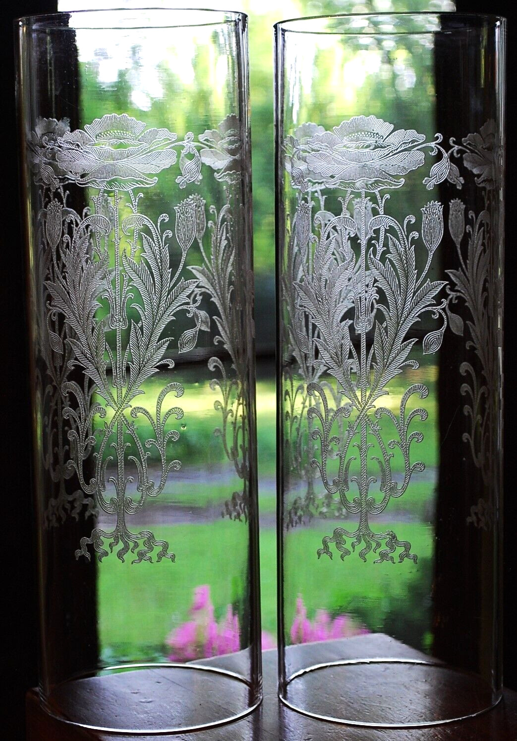 Set 2 TIFFIN FRANCISCAN Crystal Hurricane Lampshades FLANDERS CLEAR ETCH POPPIES