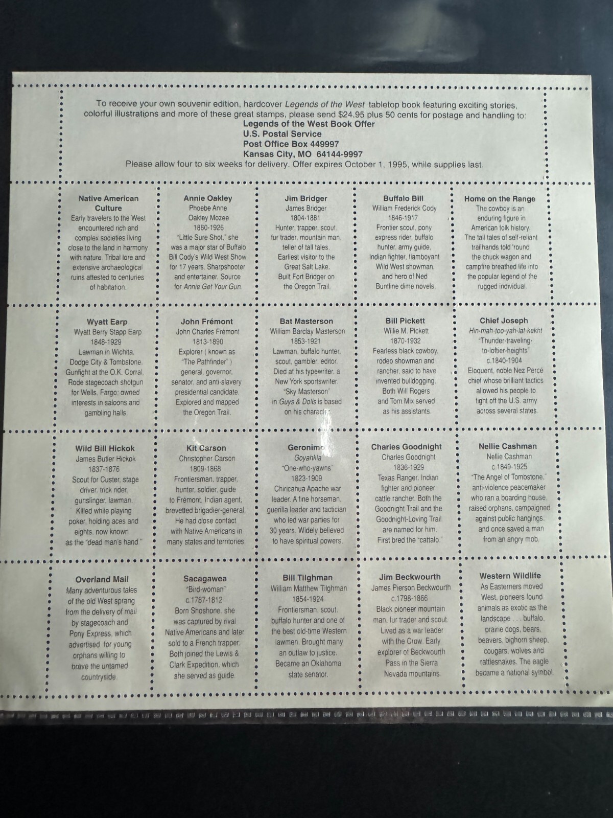 Scott #2869 Legends of the West Pane of 20 29¢ Stamps (1994)