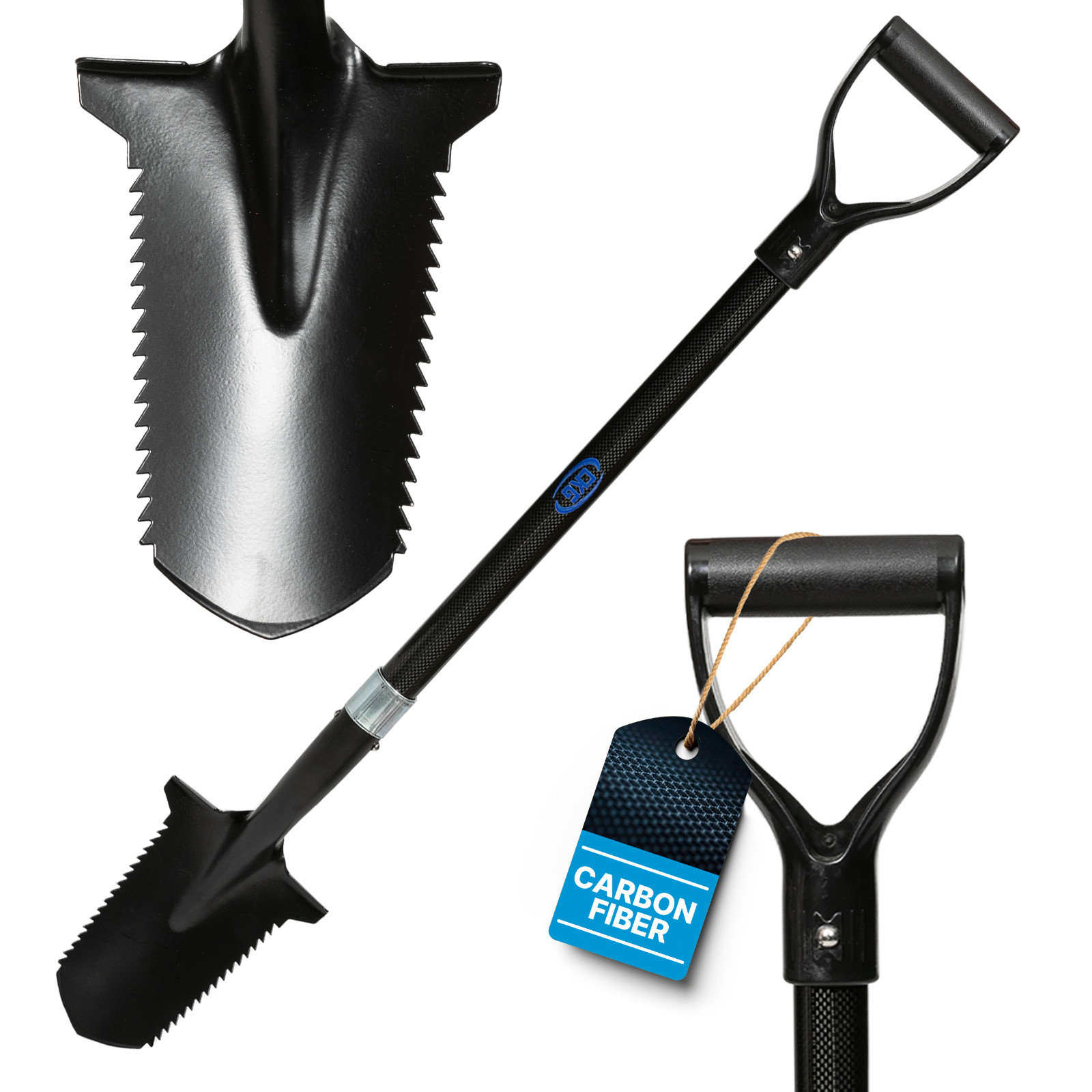 CKG Carbon Metal Detecting Shovel Digging Tool with Double Serrated Blade Black