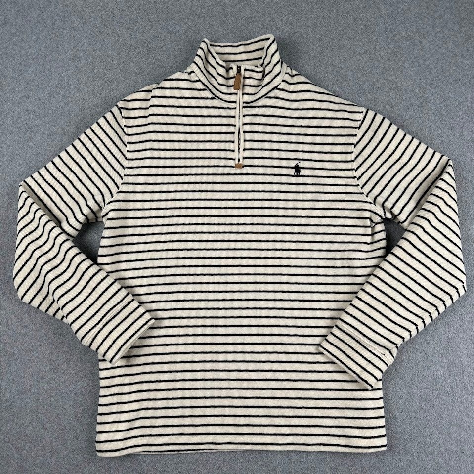 Polo Ralph Lauren Mens Medium Striped Quarter Zip Pullover Cotton Sweater Cream