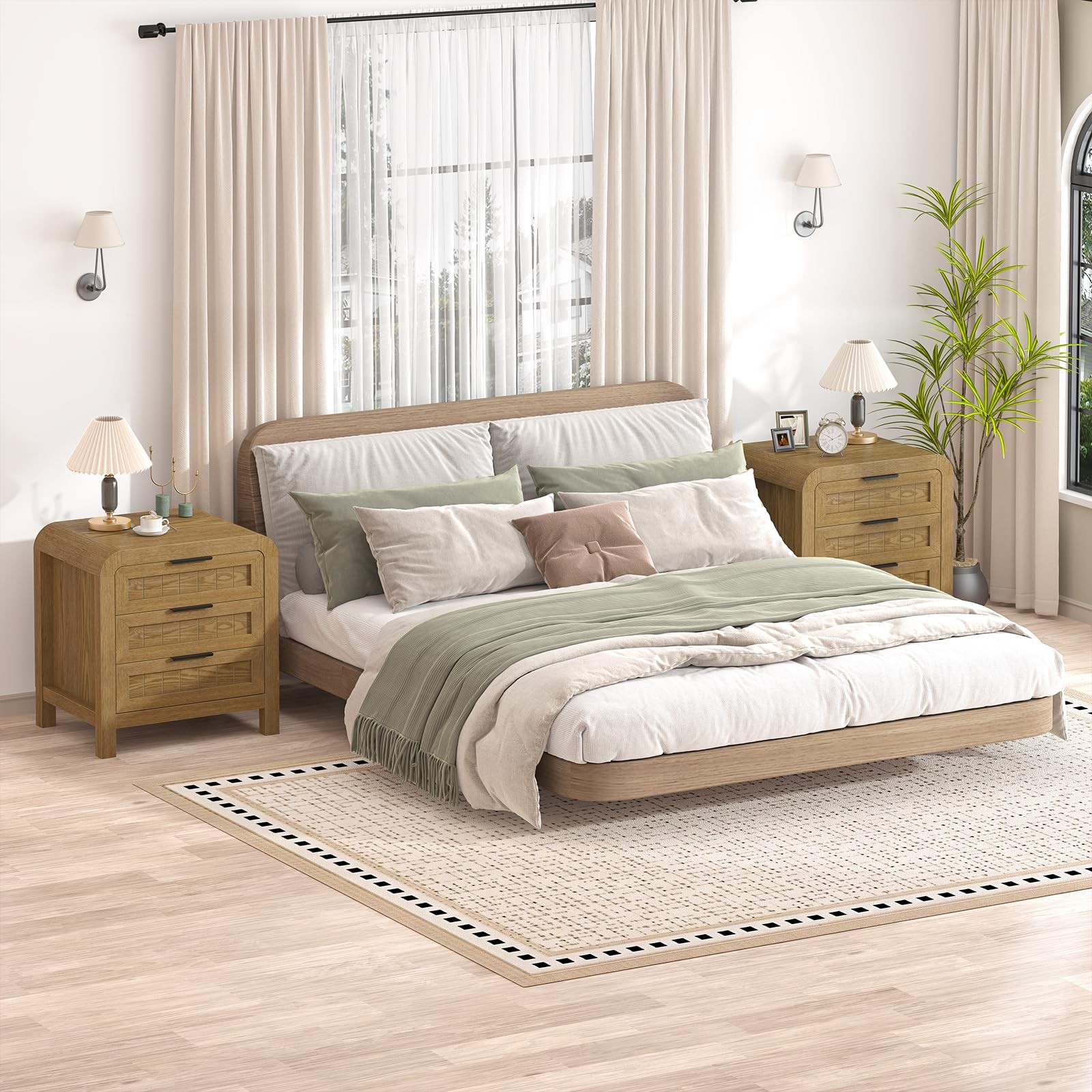 Curved NightStand Set of 2 with 3 Drawer 21" Solid Wood Nightstand