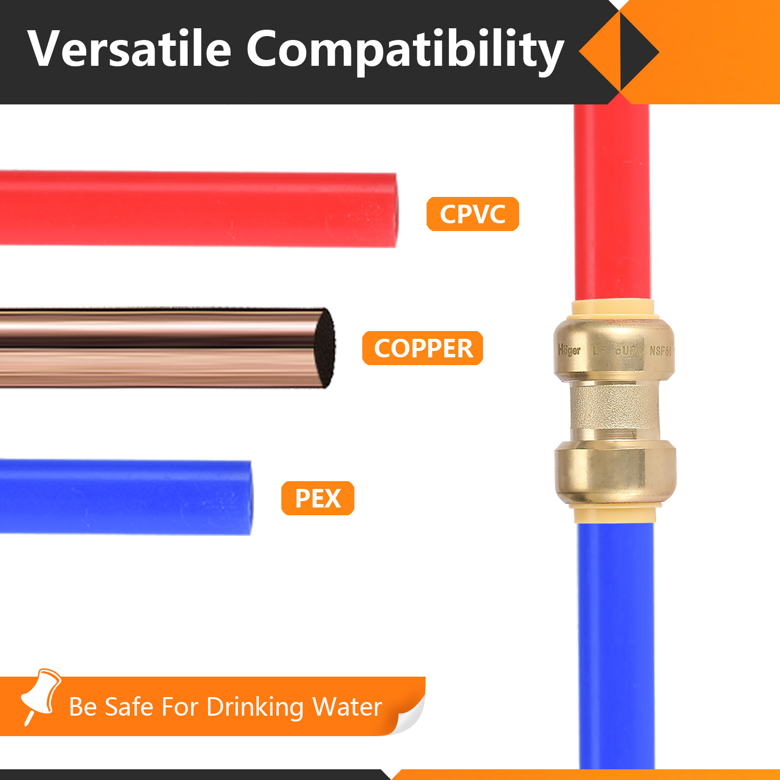 EFIELD (2 to 100 Packs) 3/4"×3/4"×3/4"Push Fit Equal Tee Brass Fitting Lead Free