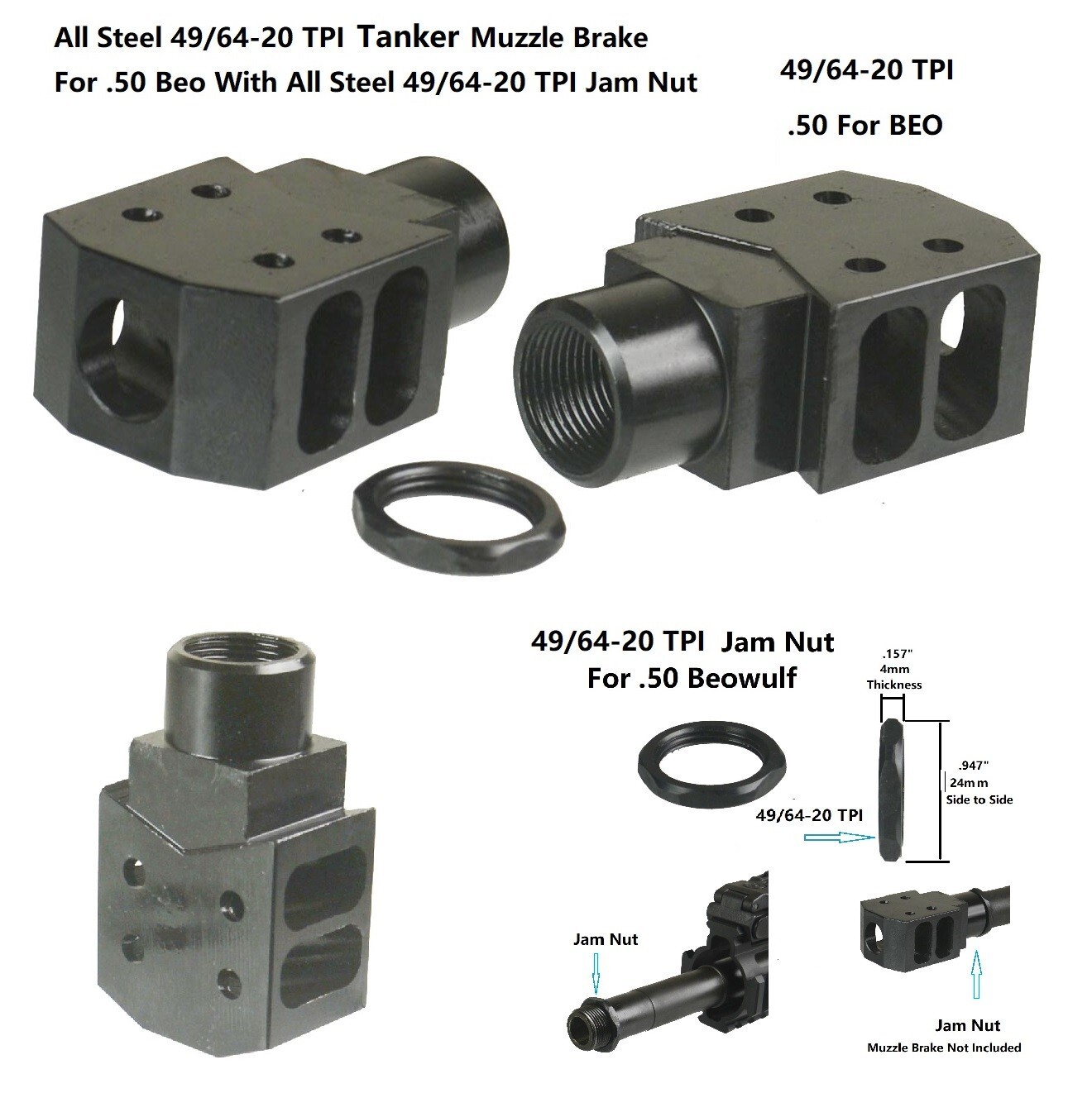 All Steel 49/64-20 TPI Tanker 12.7x42mm .50 Beowulf Muzzle Brake 49/64x20 Nut