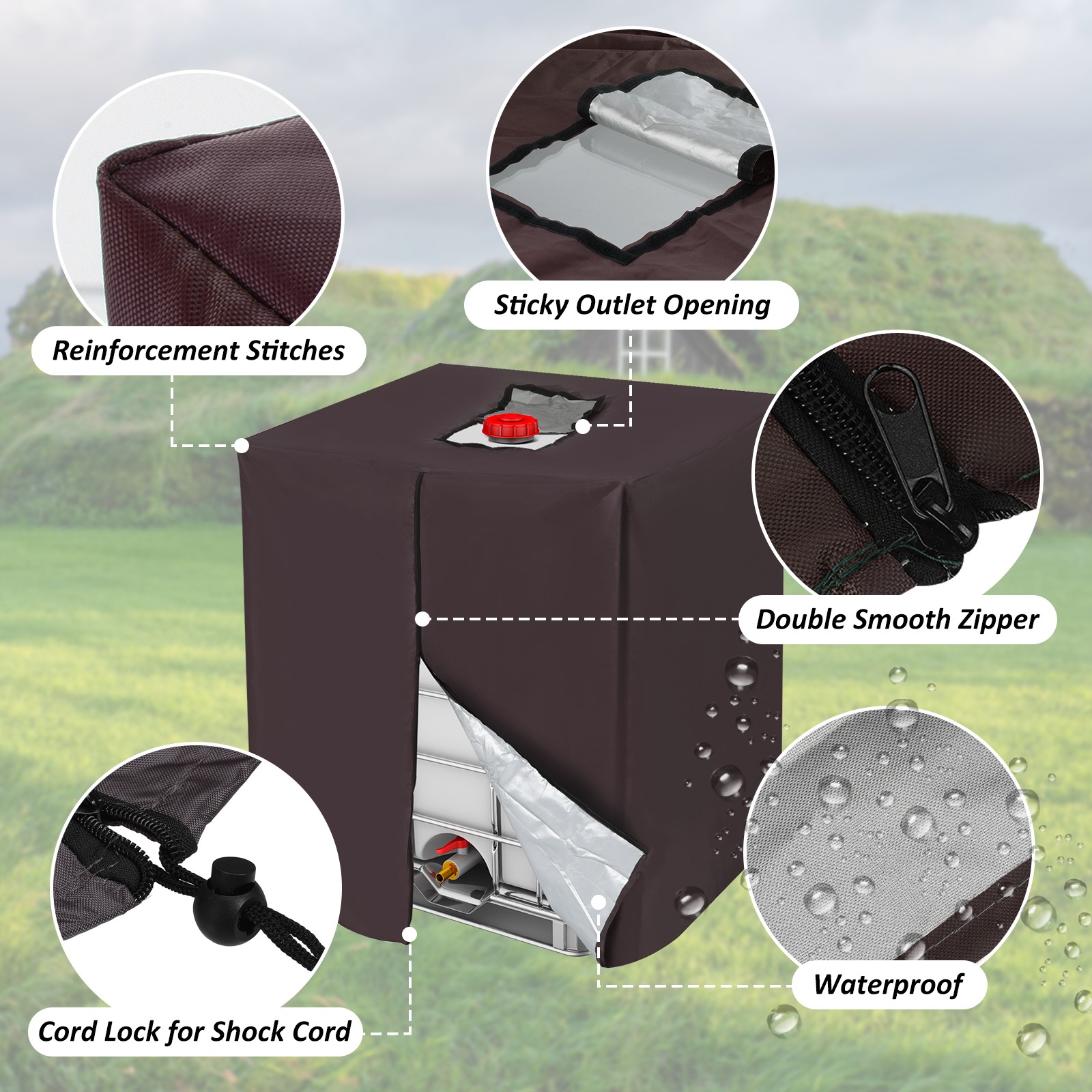 275 Gallon Zipper IBC Tote Cover 420D Oxford 1000L Water Tank Protective Brown