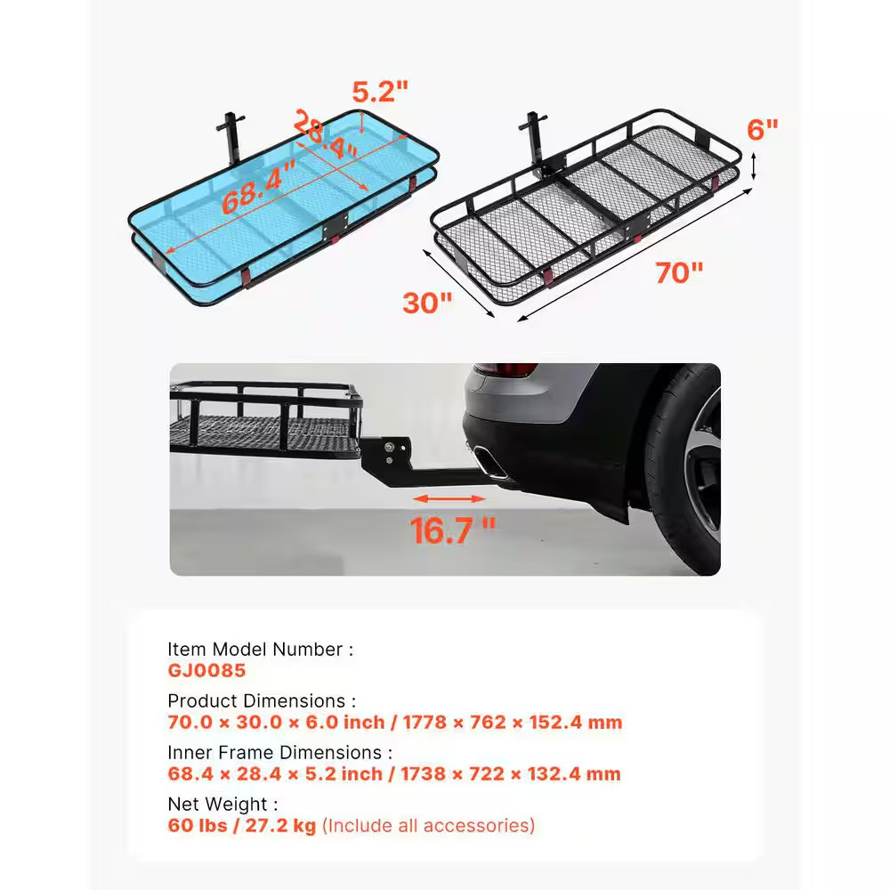 70 X 30 X 6 In. Hitch Cargo Carrier Folding with Reflective Reminder Hitch Lock