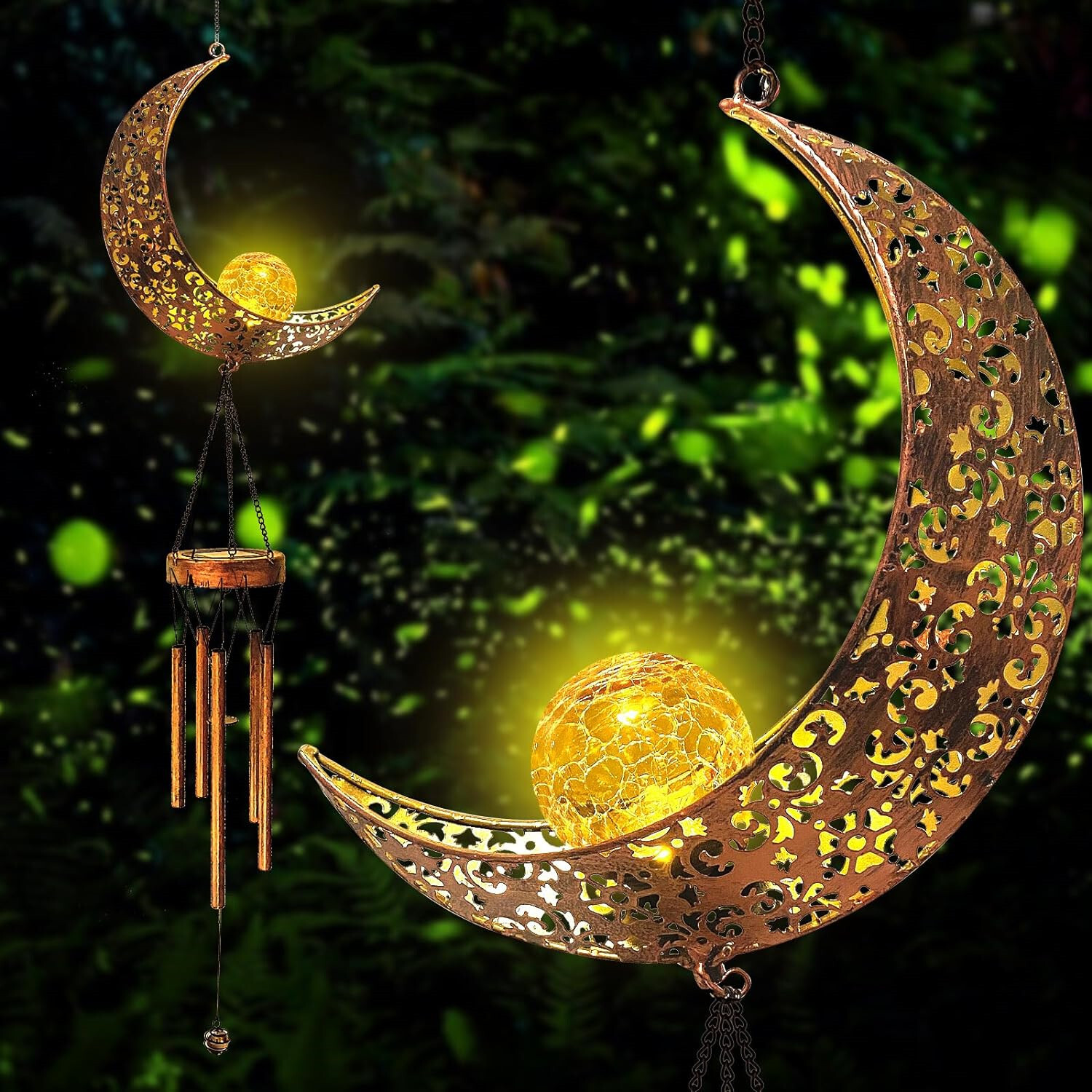 Solar LED Light Lamp Moon Wind Chimes Outdoor Home Solar Crackle Glass Ball Lamp