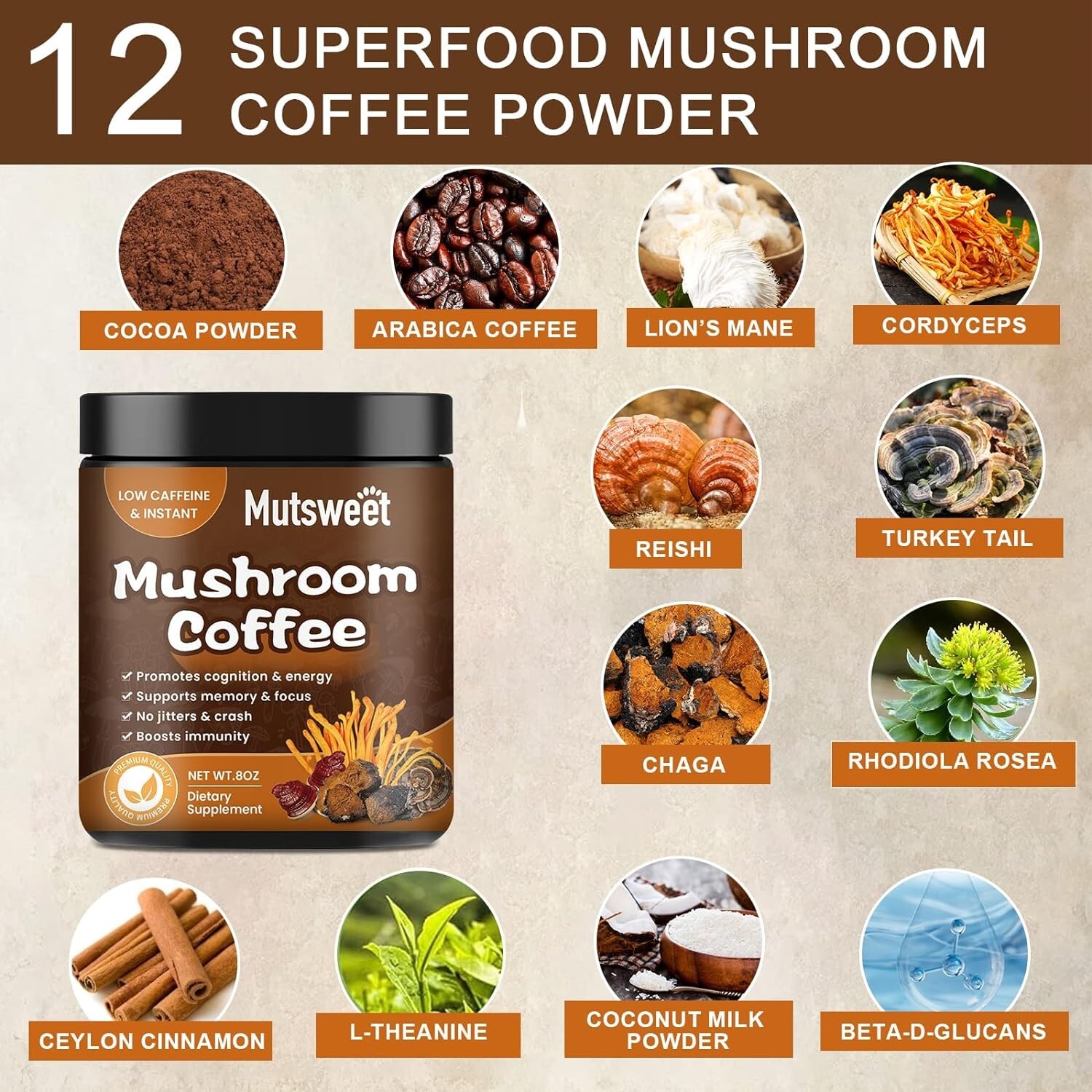 227g Mushroom Instant Coffee 57 Servings 12 Mushroom Superfood Blend Complex