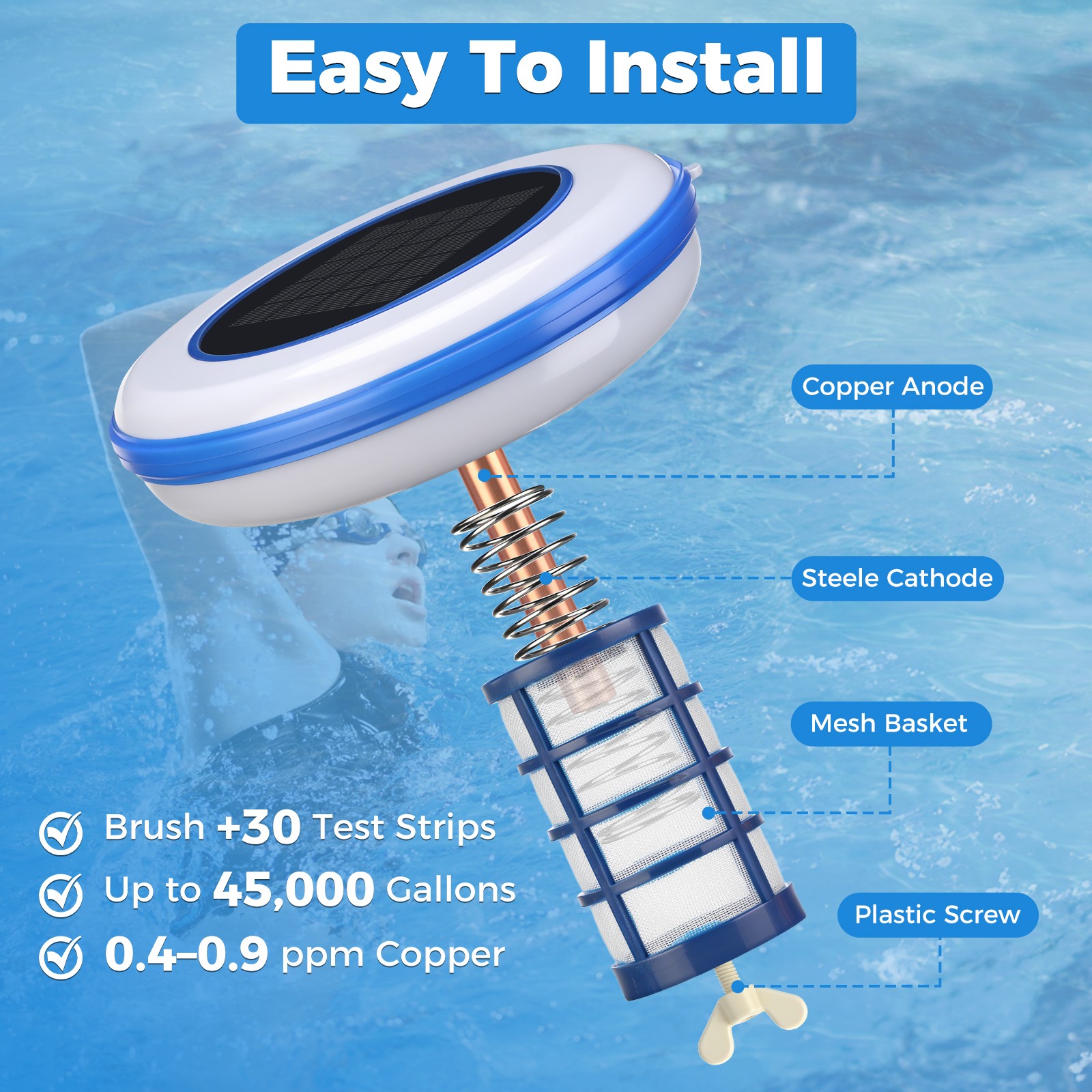 Solar Pool Ionizer Chlorine-Free Water Purifier w/Algae Cleaner Up to 35,000 Gal