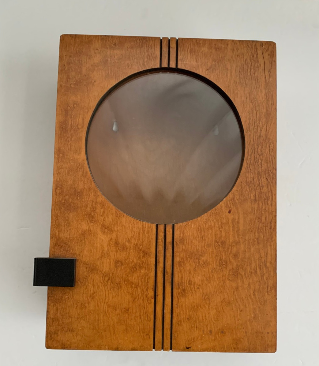 1930s Art Deco Barber Shop Cabinet Circle Glass Birdseye Maple Burton Chicago