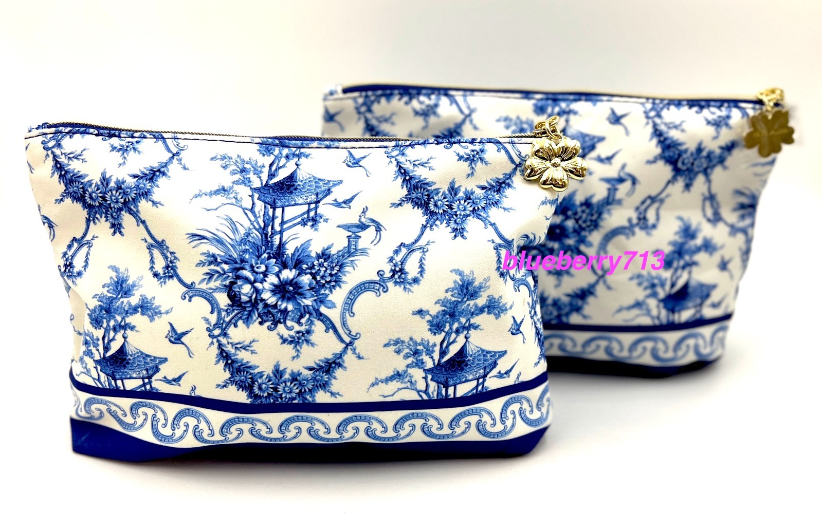 2 Bags: Estee Lauder Blue Flower , Bird Print  Makeup Bag  with Zipper
