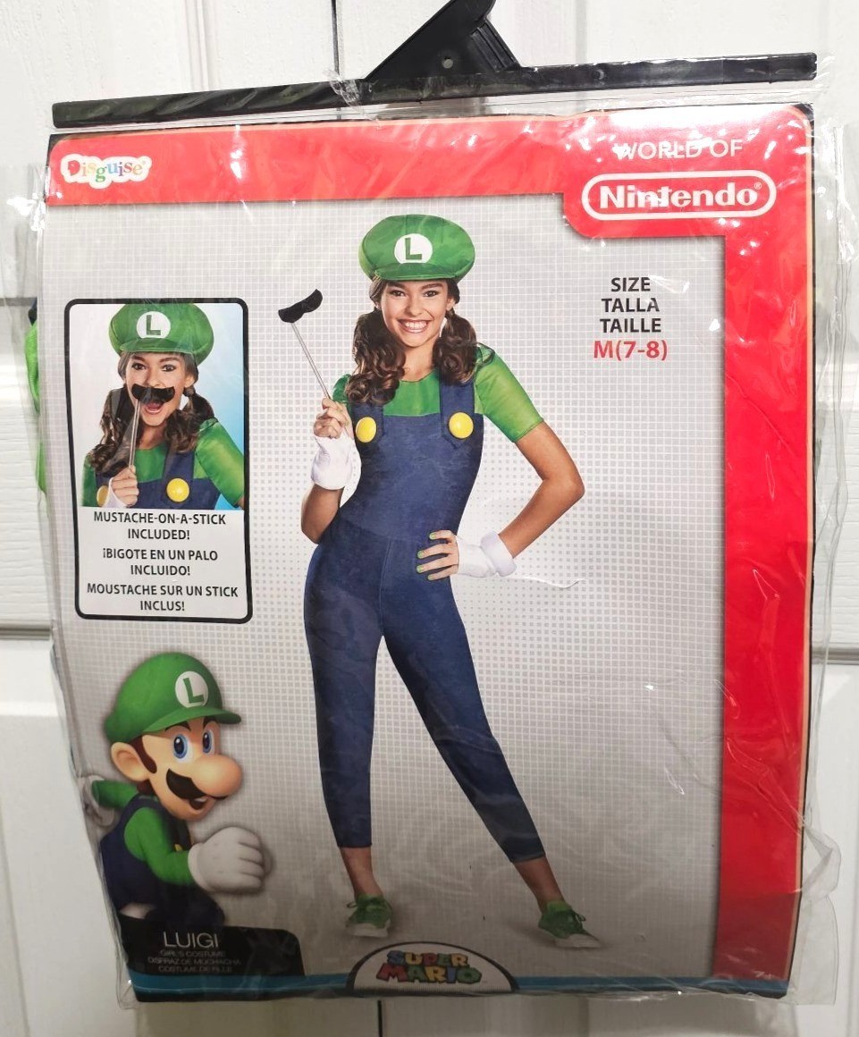 Luigi Costume Girls 7-8 Mustache Stick Gloves Hat Jumpsuit Super Mario Cute NEW