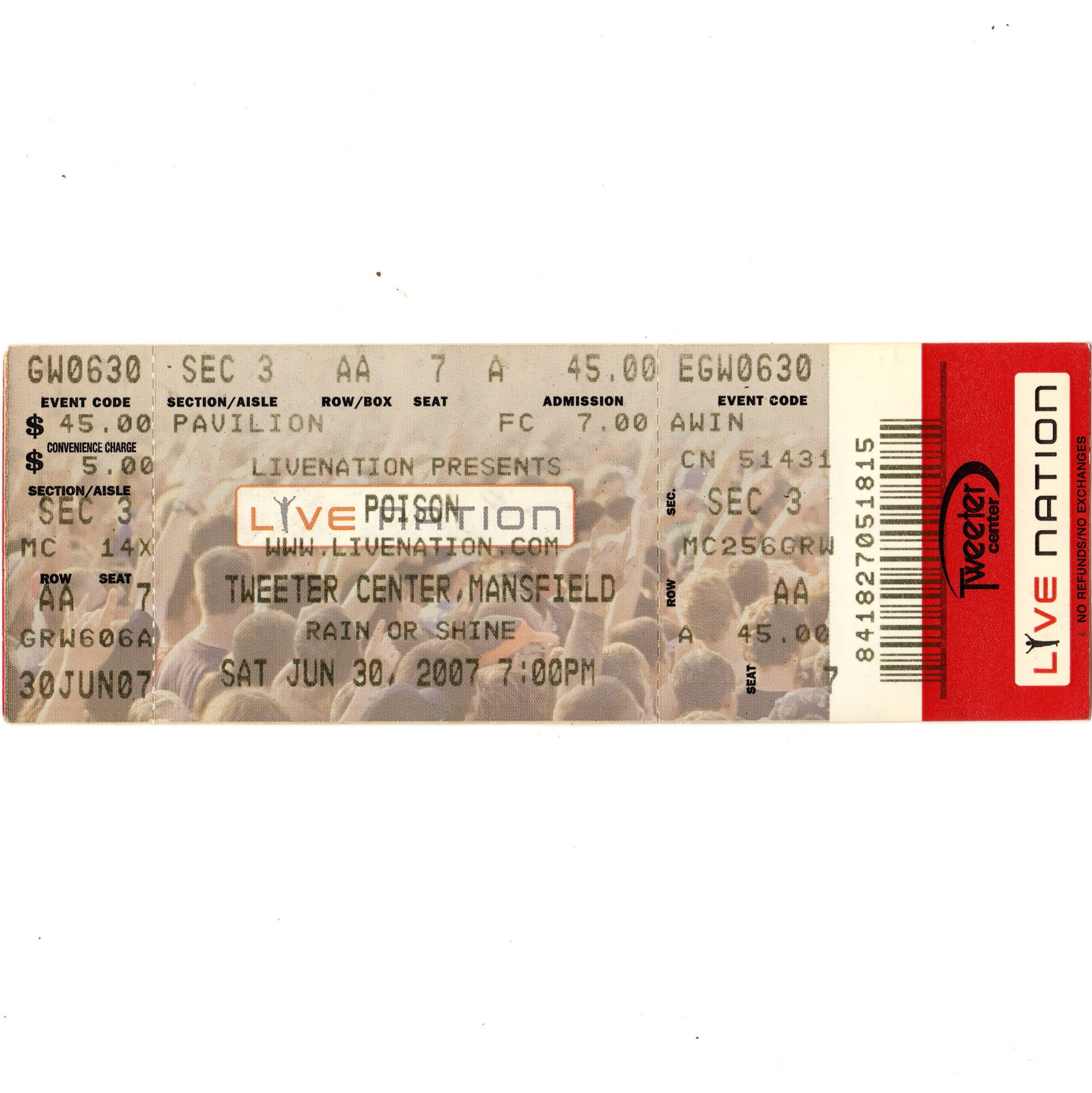 POISON & RATT Concert Ticket Full Stub MANSFIELD MA 6/30/07 TWEETER CENTER Rare