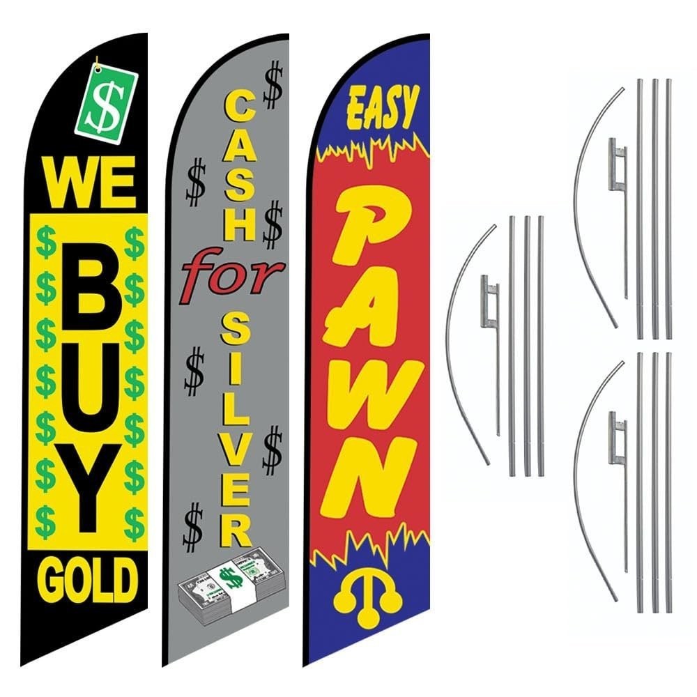 3 Swooper Advertising Feather Flags EASY PAWN, WE BUY GOLD, and CASH FOR...