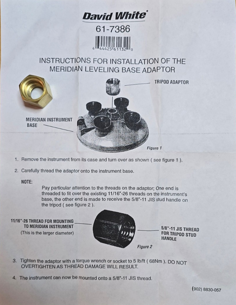 David White 61-7386 meridian leveling base adaptor - NEW