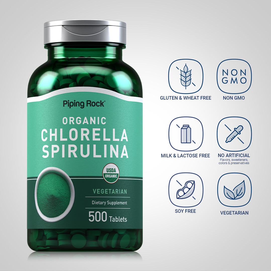 Chlorella Spirulina Organic | 500 Tablets | Vegetarian, Non-GMO | by Piping Rock