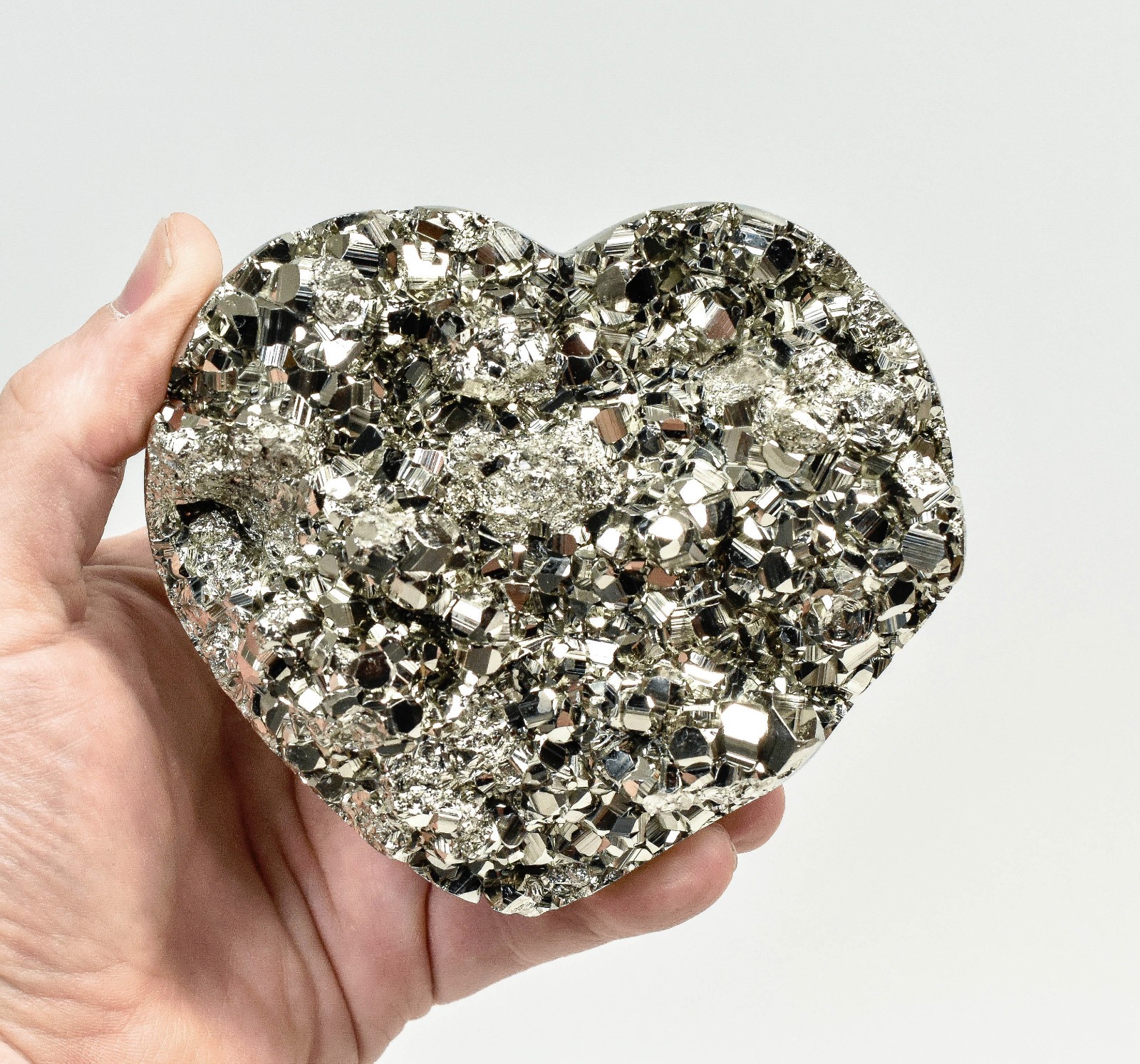 4.37" Polished PYRITE CRYSTAL HEART Carving Huanzala mine, Peru T706