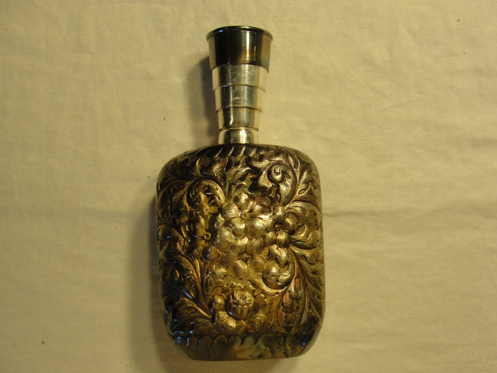 ANTIQUE REPOUSSE SIMPSON HALL MILLER SILVER PLATE FLASK TELESCOPING FUNNEL TOP