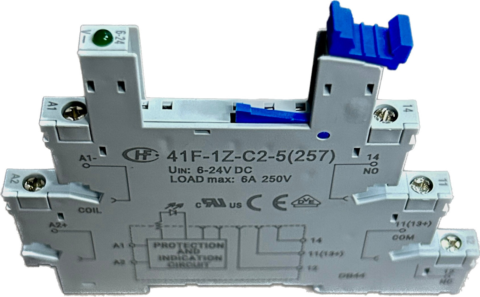 Slim Relay and Base, 24VDC Coil, 6 Amp Contact, NO/NC, Din Rail HF41F 24-ZS