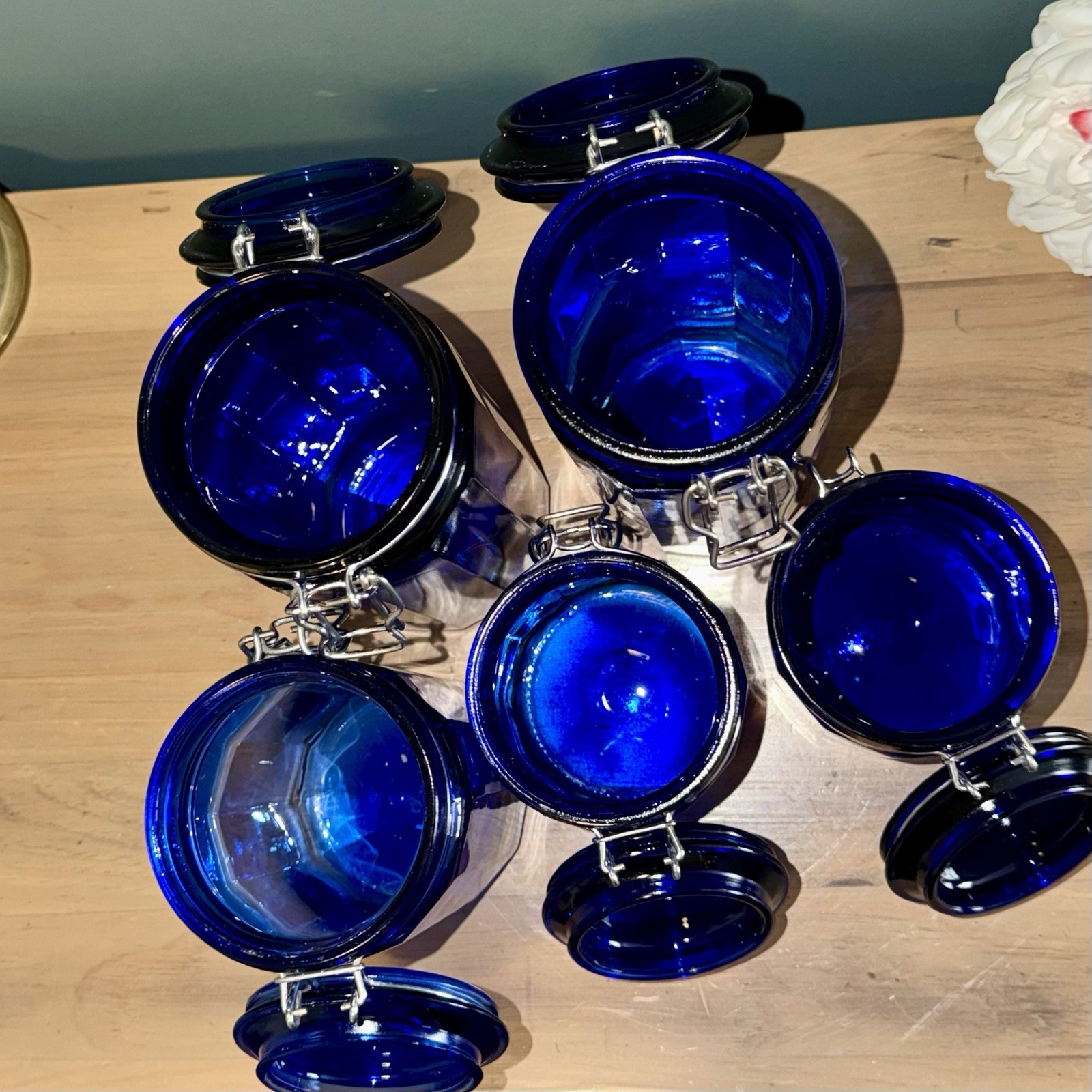 Vintage Cobalt Blue Glass Canister Set 5 Wire Bale Jars Italian Glass