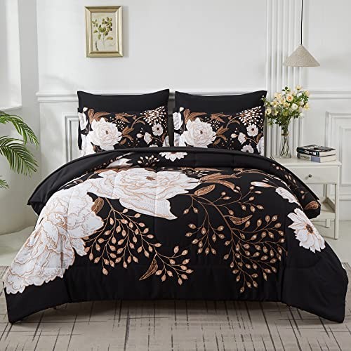 7 Piece Bed in a Bag Comforter Set Botanical Floral Bedding Queen Black Floral