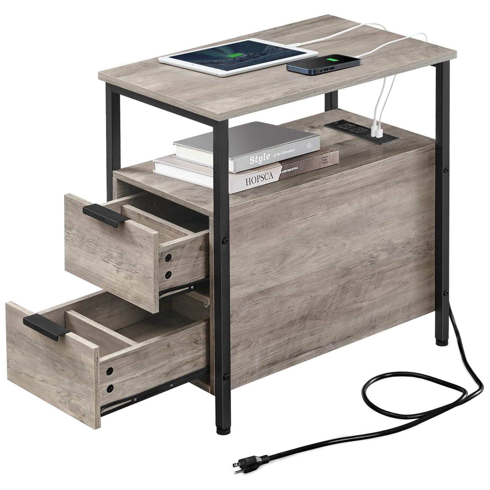 Slim Nightstand with Charging Station  2 Drawers for Small Spaces