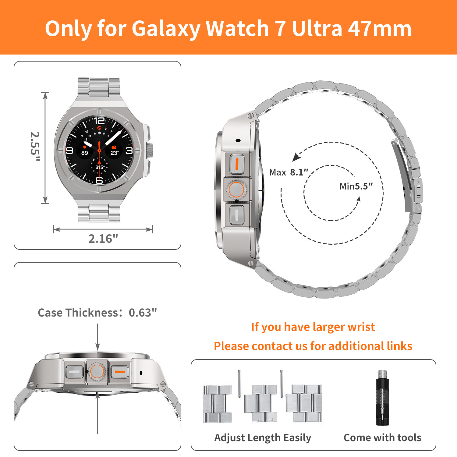 For Samsung Galaxy Watch Ultra 47mm 7 40/44mm Stainless Steel Band Case Mod Kit