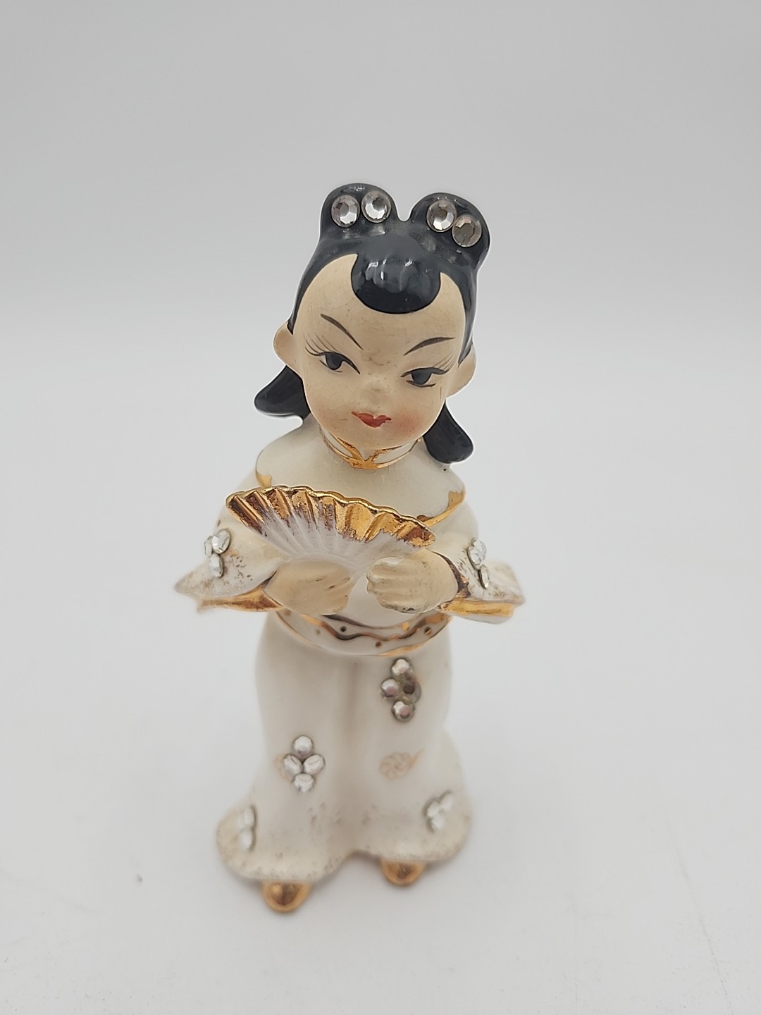 Lefton Geisha Fan Girl Figurine Vintage Rhinestone Japanese Statue Japan