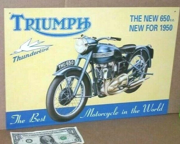 TRIUMPH - 650 Motor --OLD SIGN -Date1993 -SHOWS DETAIL of 1950 Bike / Motorcycle