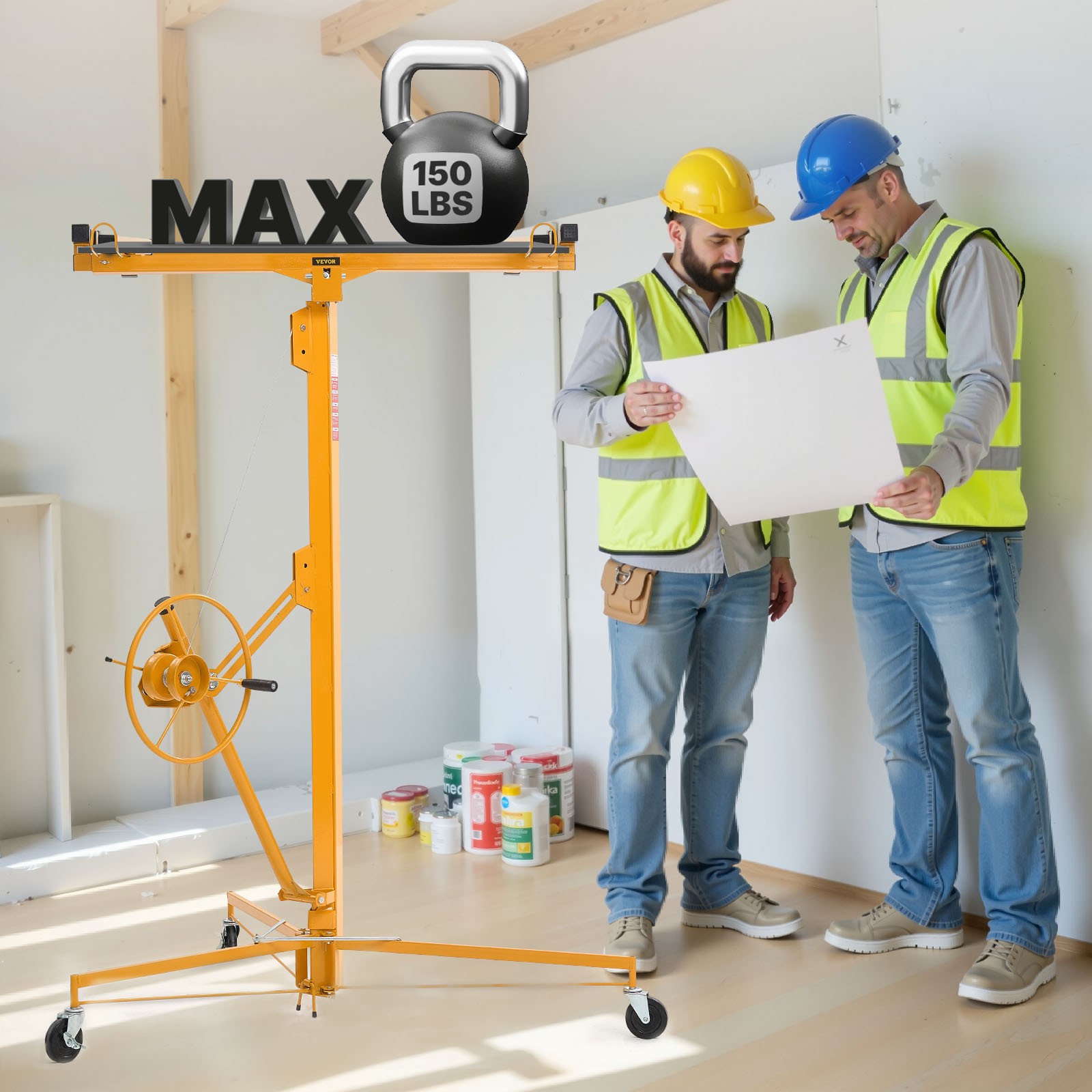 VEVOR 16ft Drywall Lift 150 lbs Sheetrock Hoist Adjustable Arm Lockable Wheels