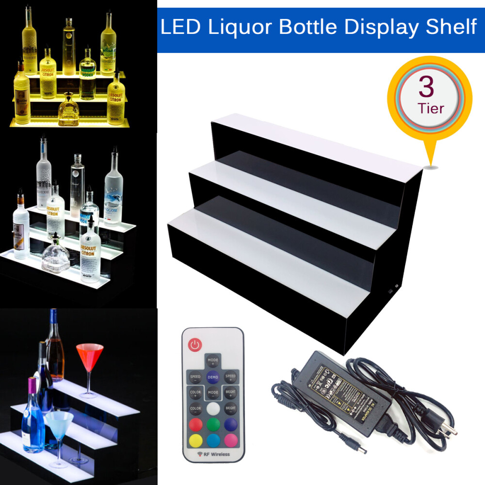 24" 3 Tier Step - RGB LED Lighted Back Bar Liquor Bottle Shelf Display Stand NEW