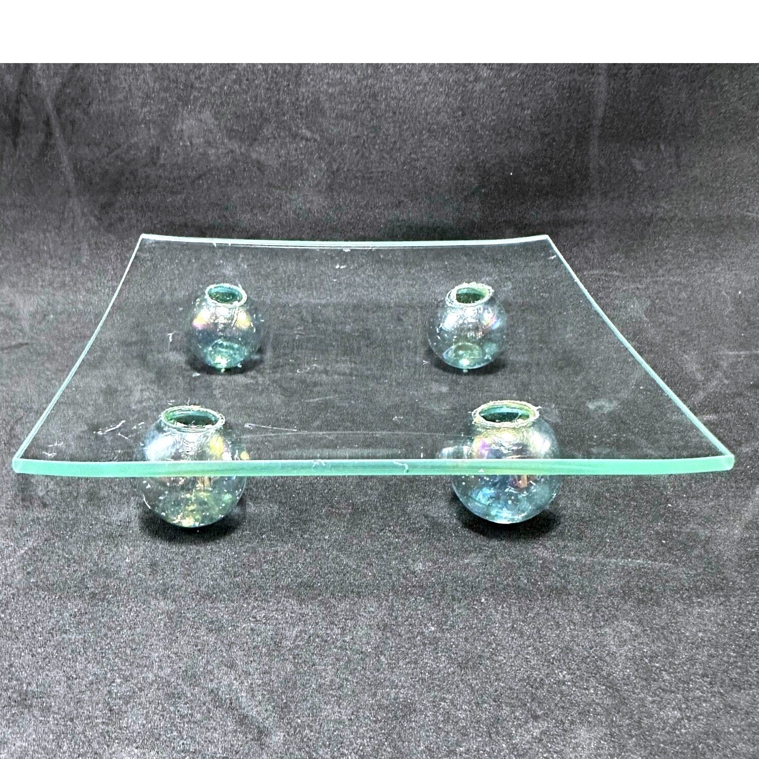 Glass Square Tray with Four Iridescent Orb Feet Decorative Display Stand