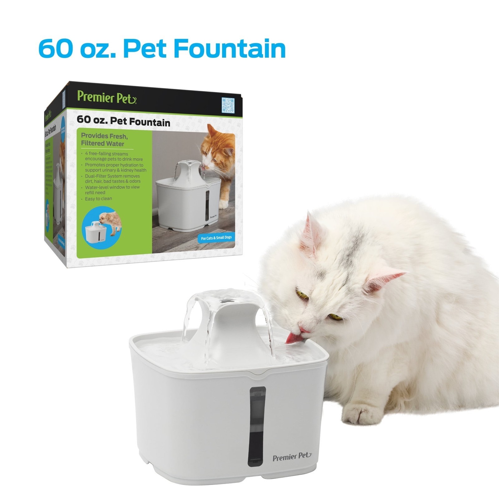 Premier Pet Automatic Water Fountain System + Filters For Cat & Dog - 60-128 oz