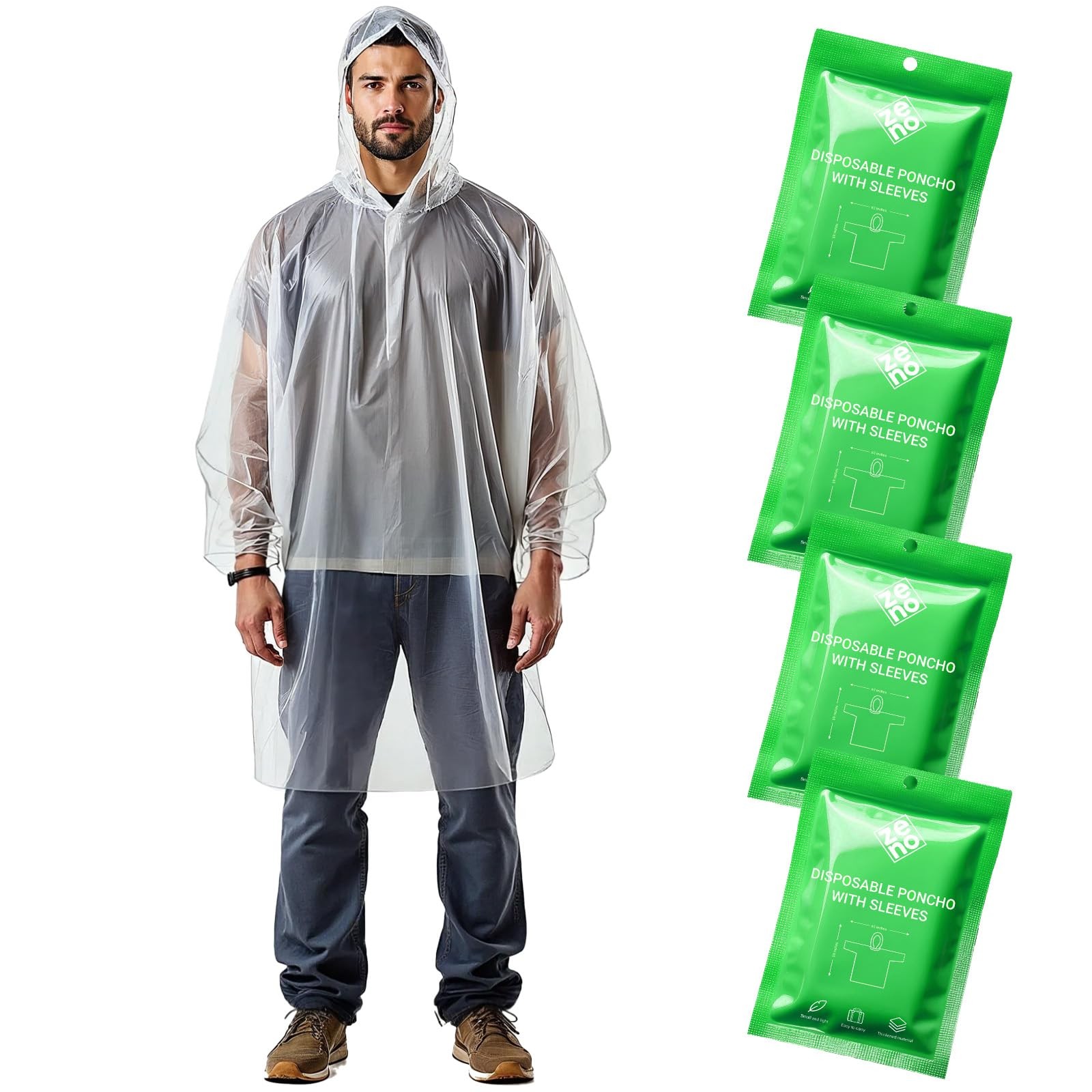 Disposable Clear Rain Poncho with Hood, Compact, Emergency Use, Pack of 4