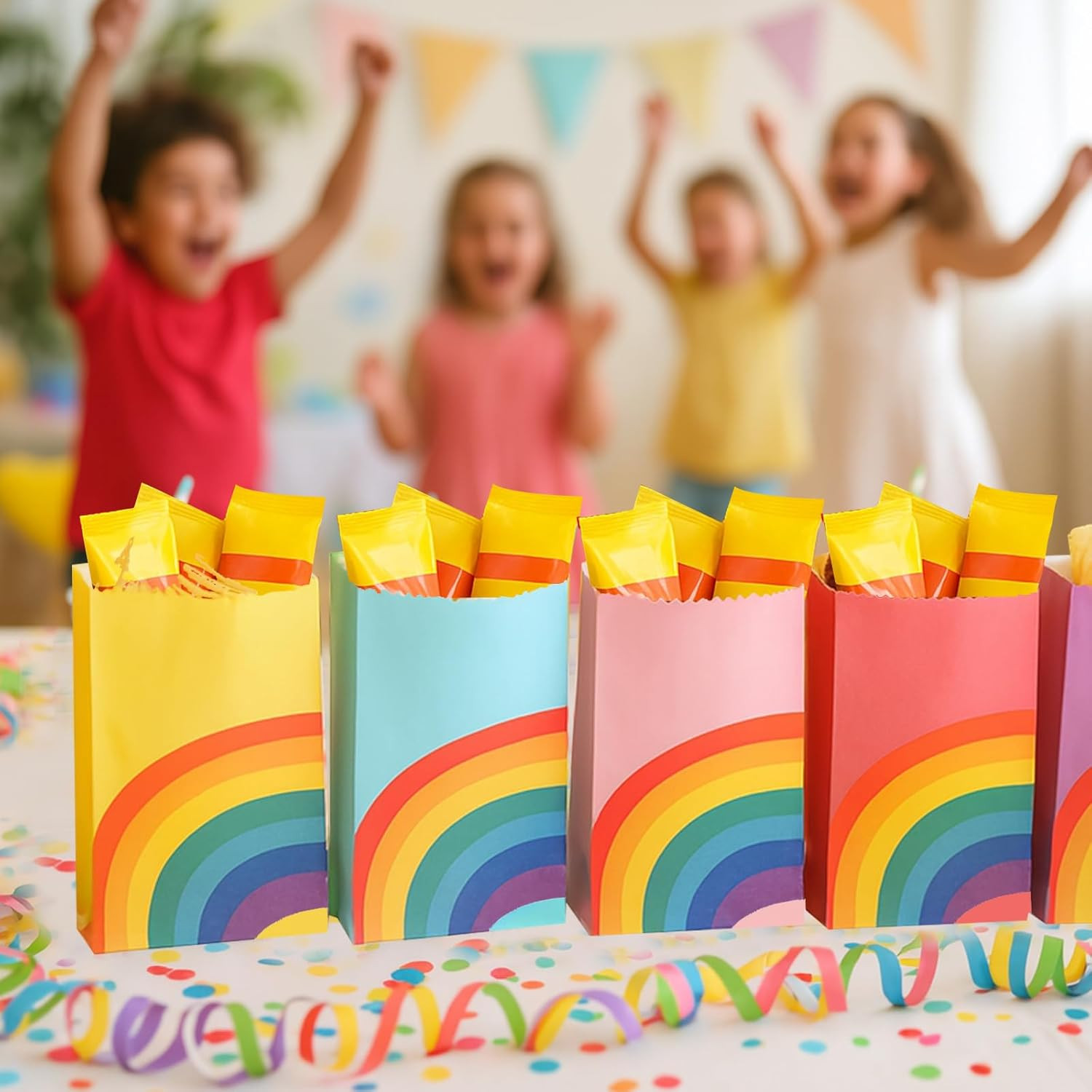 36 Pack Party Favor Bags, 4.8 X 3 X 8.7 Inch Rainbow Paper Bags 8 Colors, for Ki