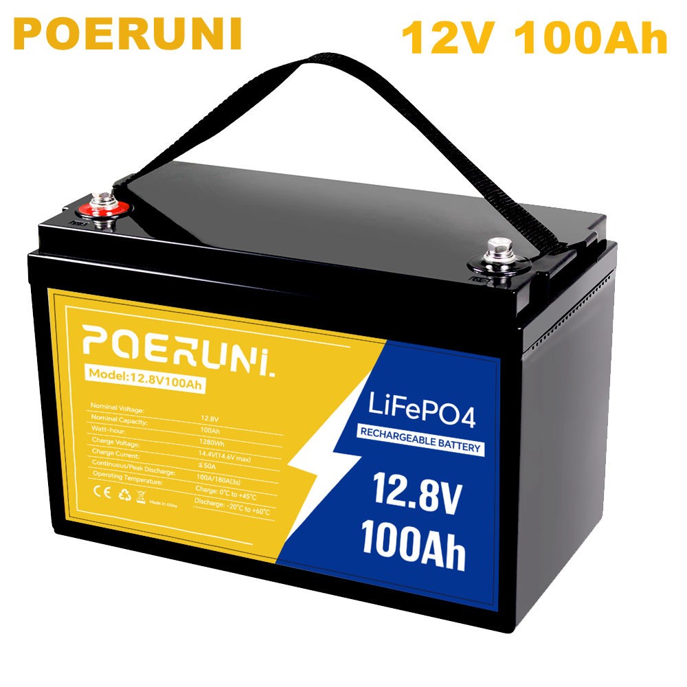POERUNI 12.8V 1280Wh 100Ah LiFePO4 Lithium Battery Deep Cycles Built-in BMS NEW
