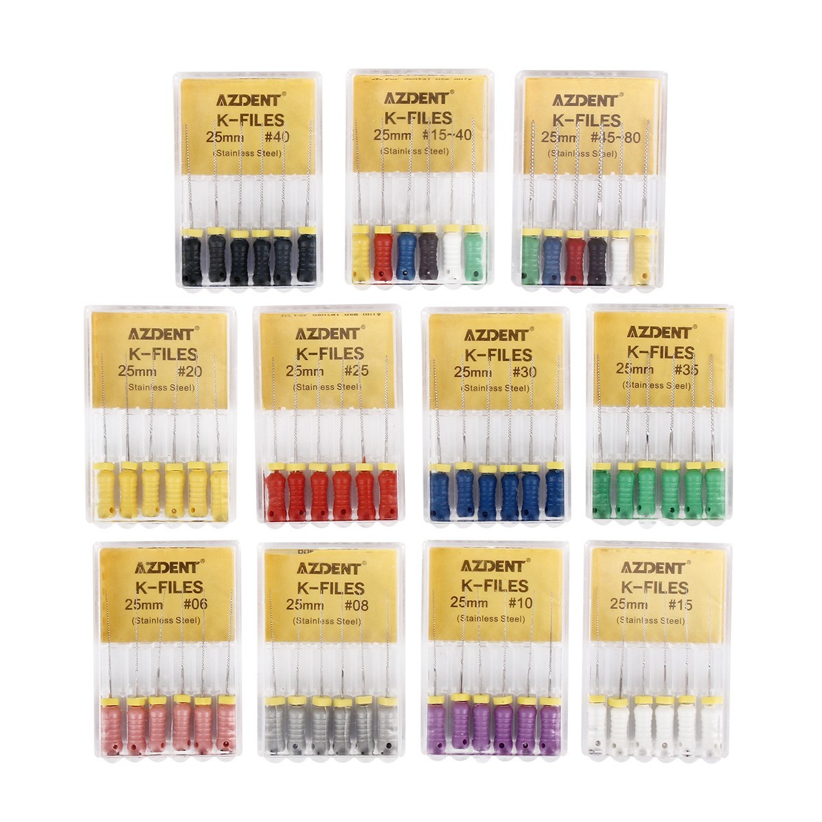 10 Kit AZDENT Limas de endodoncia manual dental K-Files acero inoxidable 21/25mm