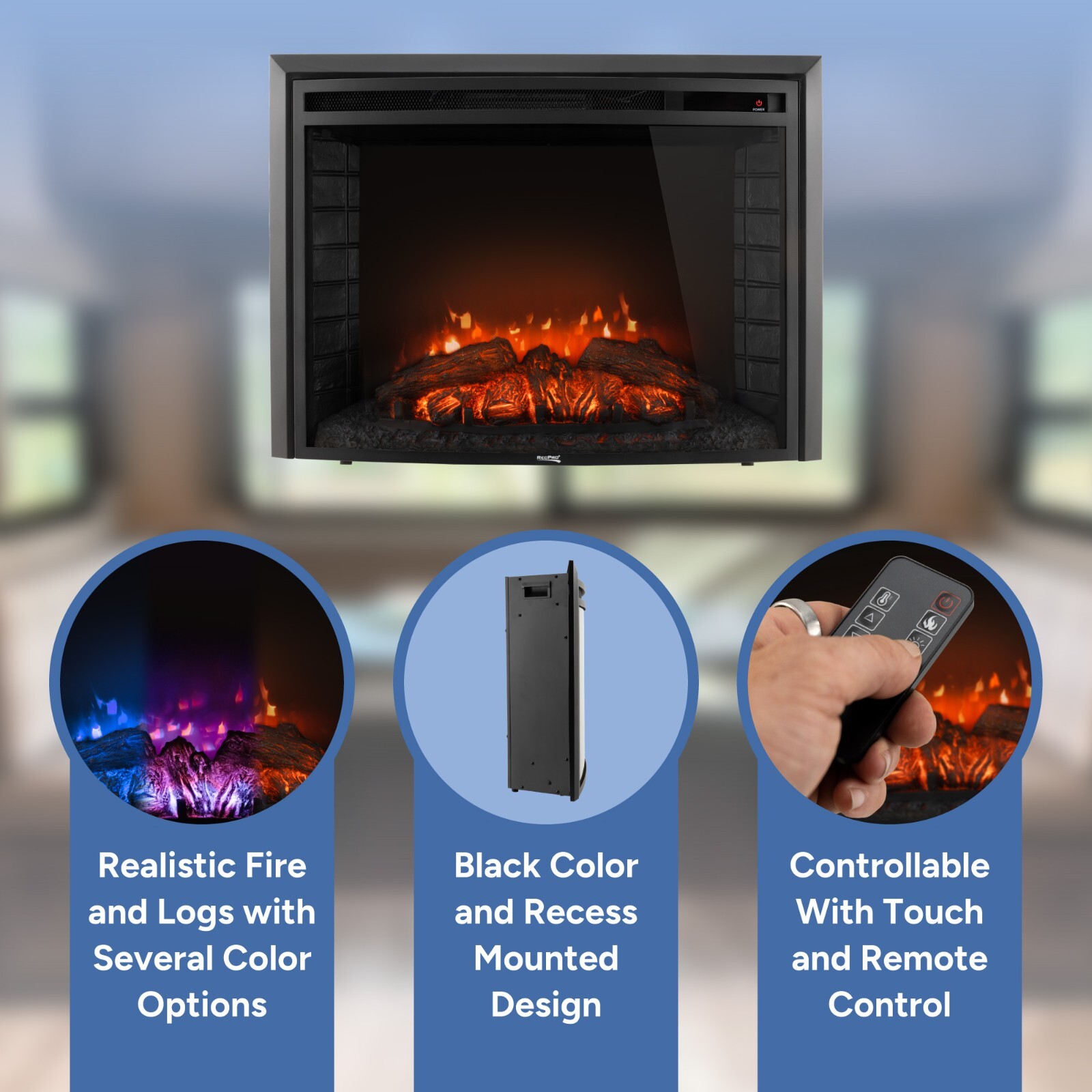 RecPro RV 28" Fireplace | Recessed Electric Fireplace | Glass with Log View