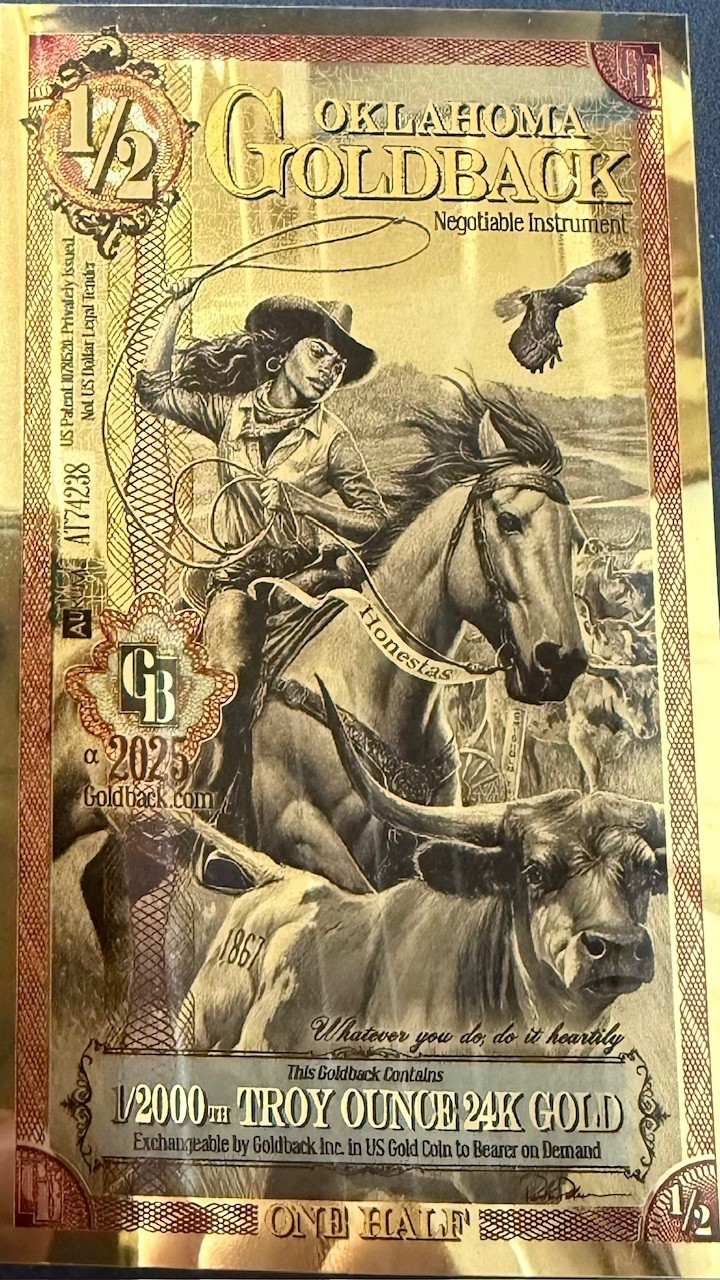 2025 Alpha 1/2 Half Oklahoma Goldback .999 Fine Gold Note BU