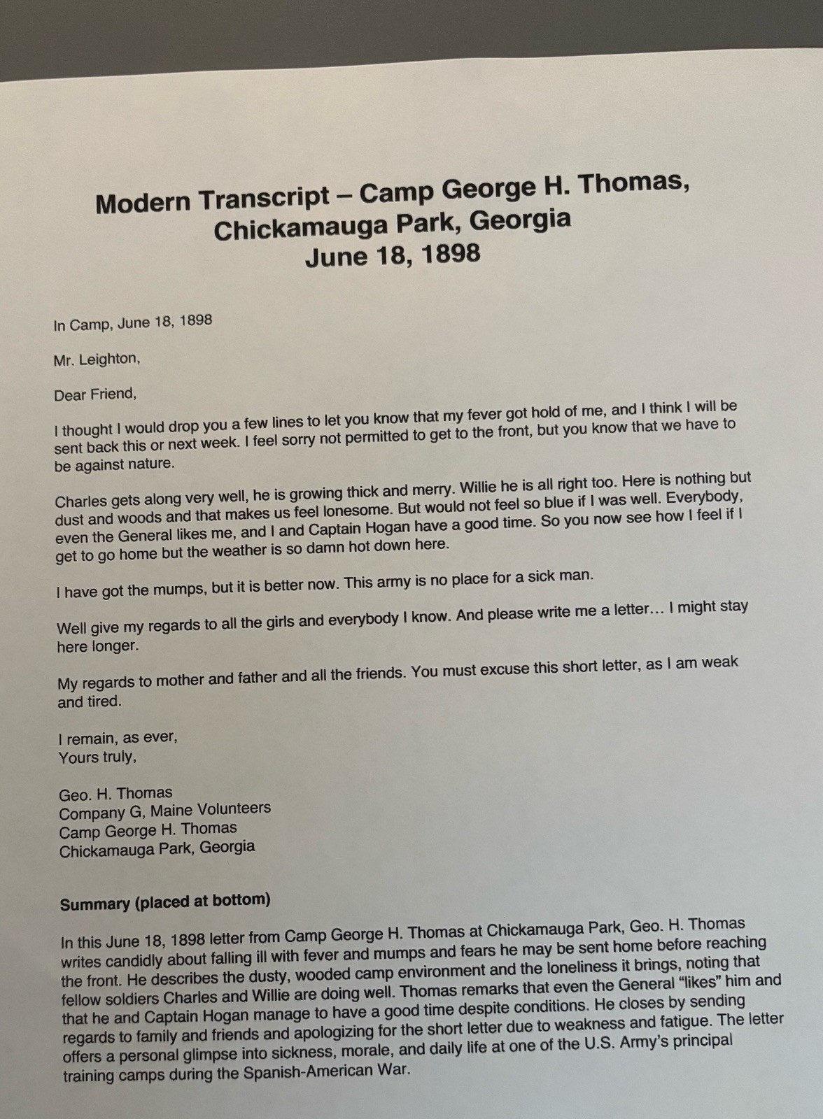 1898 Soldier Letters From Spanish-American War- Chickamauga , Georgia (3)