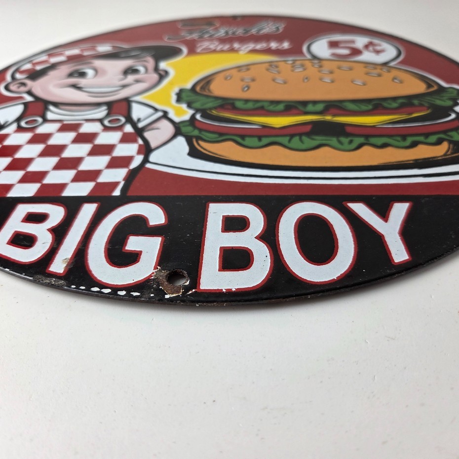Vintage Big Boy Sign - 5 Cent Frisch's Fast Food Porcelain Gas Pump Sign